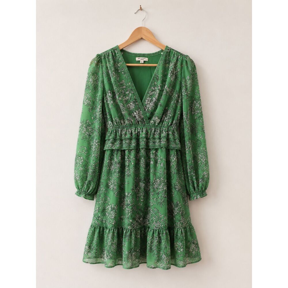 Max Studio London Floral Dress | Women's XS | Green Ruffle Mini Dress | EUC